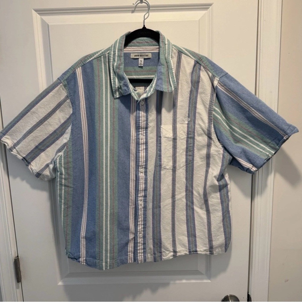 Urban Outfitters Men's XL Striped Short Sleeve Cotton Button-Up Shirt Blue Multi